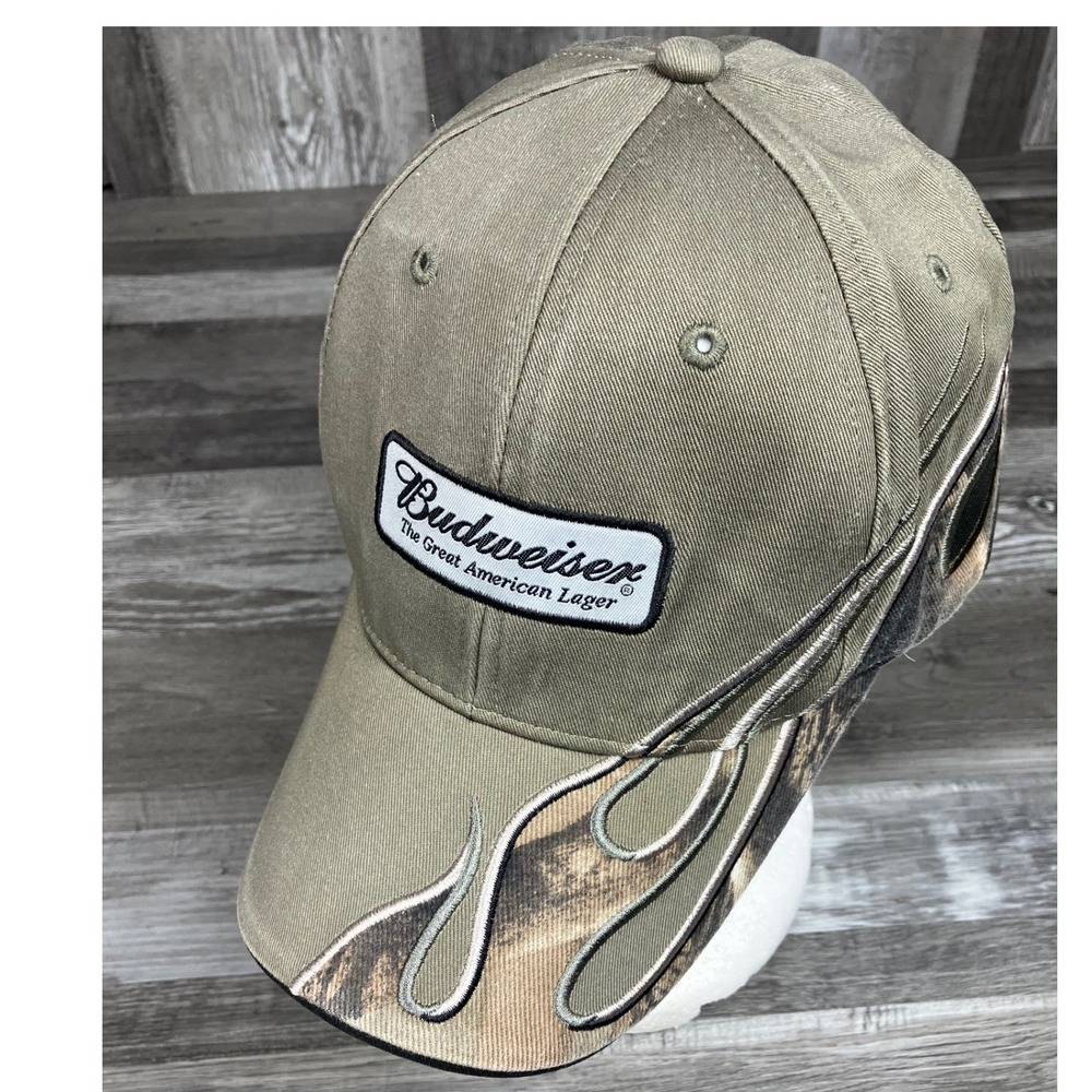Budweiser Paramount Outdoors Camo Flame Hat Olive Green Baseball Cap 2008